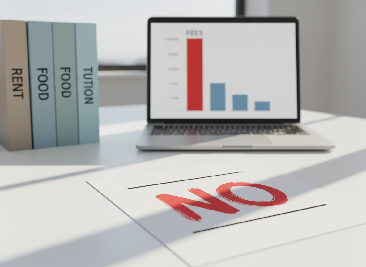 A bold, oversized ballot marked with a thick, red “NO” sits on a clean white desktop scattered with neatly stacked textbooks labeled “Rent,” “Food,” and “Tuition.” A sleek laptop in the background displays a minimal bar chart where a rising red bar labeled “Fees” towers above others. Bright, diffused daylight from an unseen window washes across the scene, creating crisp shadows and a high-contrast, energetic atmosphere. Shot at eye level in photographic realism, with shallow depth of field keeping the ballot in razor-sharp focus and the background softly blurred. The mood is urgent and determined, visually conveying a clear financial choice without any human presence, ideal for a campaign hero image.