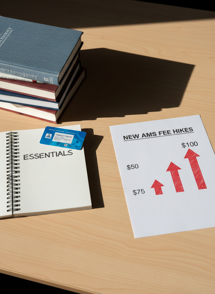 A dramatic split-screen style composition in a single photographic image: on the left, a neat stack of textbooks and a transit pass atop a simple notebook labeled “Essentials,” and on the right, a printed sheet titled “New AMS Fee Hikes” with bold red arrows pointing upward next to larger price tags. Both halves share the same light wood tabletop, with a crisp diagonal shadow dividing them. Bright, directional daylight from the side creates strong contrast and defined edges, amplifying the tension between choices. Photorealistic, shot from a slightly elevated angle with sharp focus across the frame. The atmosphere is bold and analytical, visually underscoring the trade-off between affordability and rising student union fees.