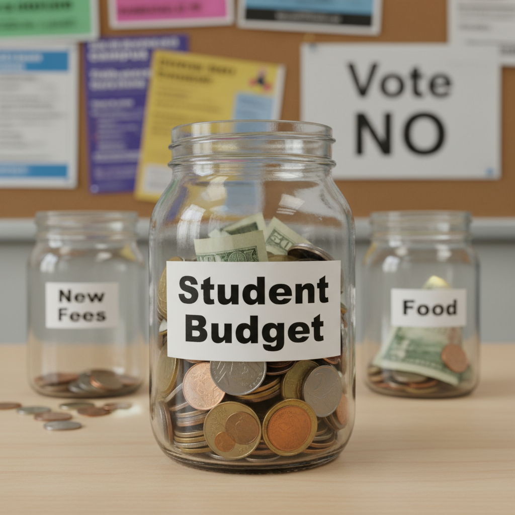A close-up of a transparent glass jar labeled “Student Budget” in bold black lettering, nearly filled with coins and a few crumpled bills. Two smaller jars behind it, one labeled “New Fees” and nearly empty, the other labeled “Food” with modest contents, rest on a light wood desk. In the blurred background, a bulletin board pinned with colorful campus flyers and a printed “Vote NO” sign adds context. Soft overcast window light creates gentle reflections on the glass and subtle metallic highlights on the coins. Photographic realism with a slightly elevated angle and shallow depth of field emphasizes the main jar, conveying a serious yet relatable sense of financial strain and prioritization.